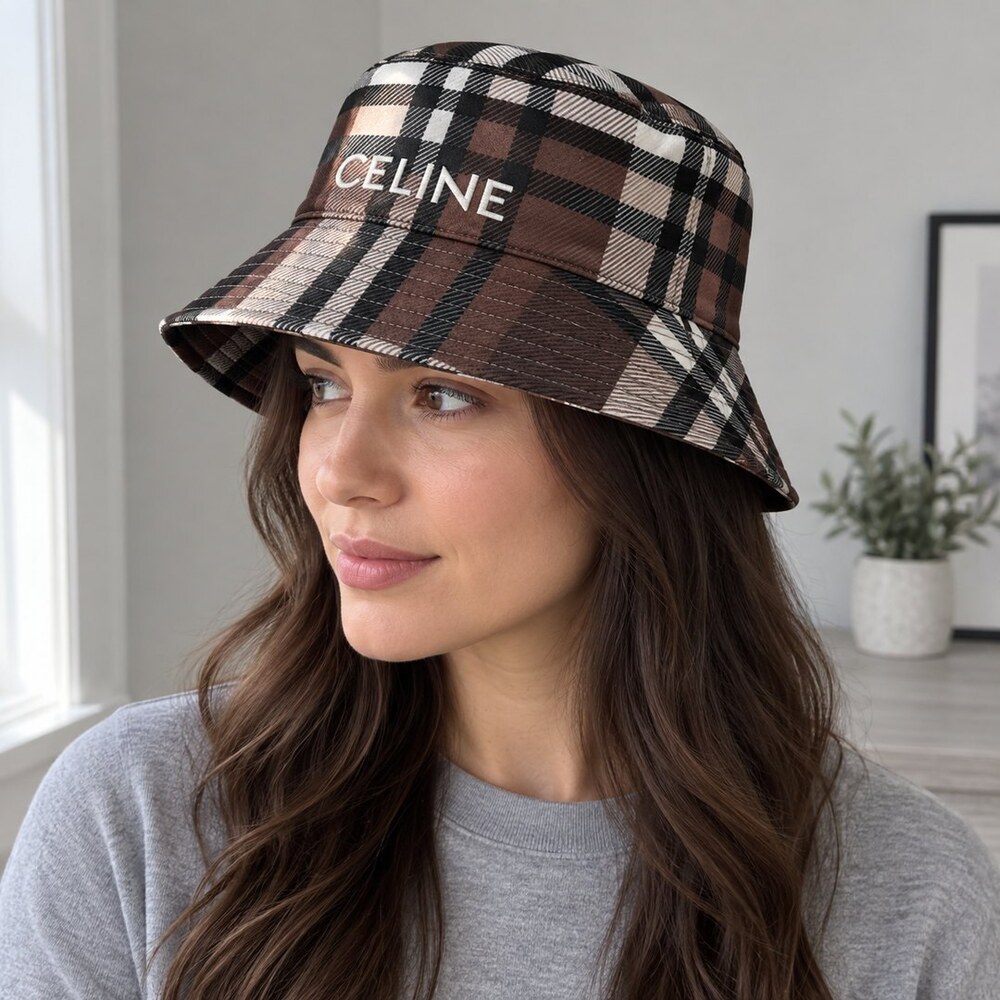 CELINE Brown Check Plaid Bucket Hat - Picture 3 of 6